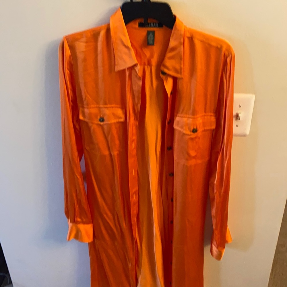Bright Tangerine Orange Silk Shirt Dress w/Matching Fabric Belt, Flap Pockets